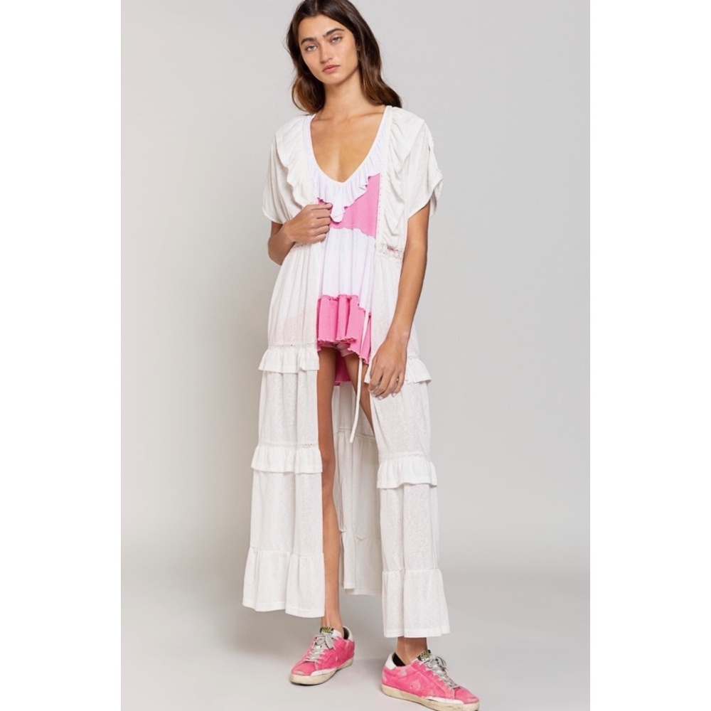 POL Ivory Ruffled Lace Patchwork Tiered Maxi Cardigan - Picture 6 of 8